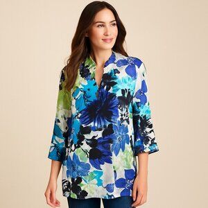 # Chico's L (Sz 2) Blue Floral Satiny Tunic Top